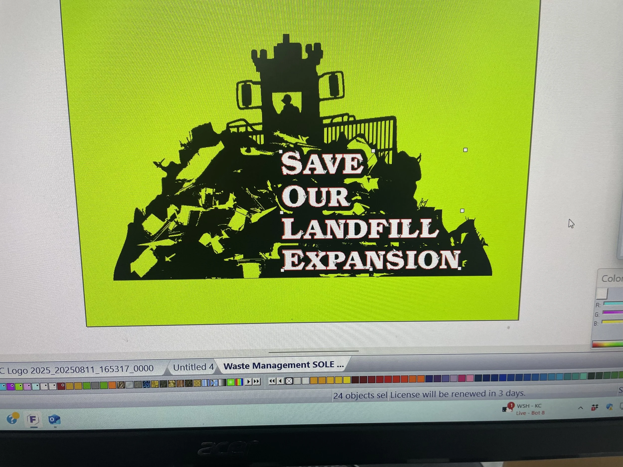 A graphic image with a black silhouette of a landfill site featuring a large excavator on top, against a yellow-green background. Overlaid on the landfill silhouette is the message "SAVE OUR LANDFILL EXPANSION" in bold white and red letters.