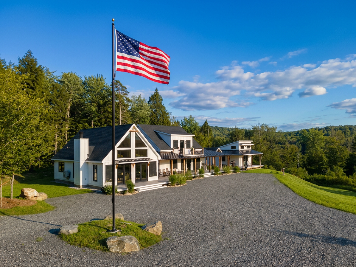 Large house with white exterior and dark roof, surrounded by a gravel driveway and green lawn, with an American flag on a flagpole in the foreground, set against a backdrop of trees and a blue sky with scattered clouds.
