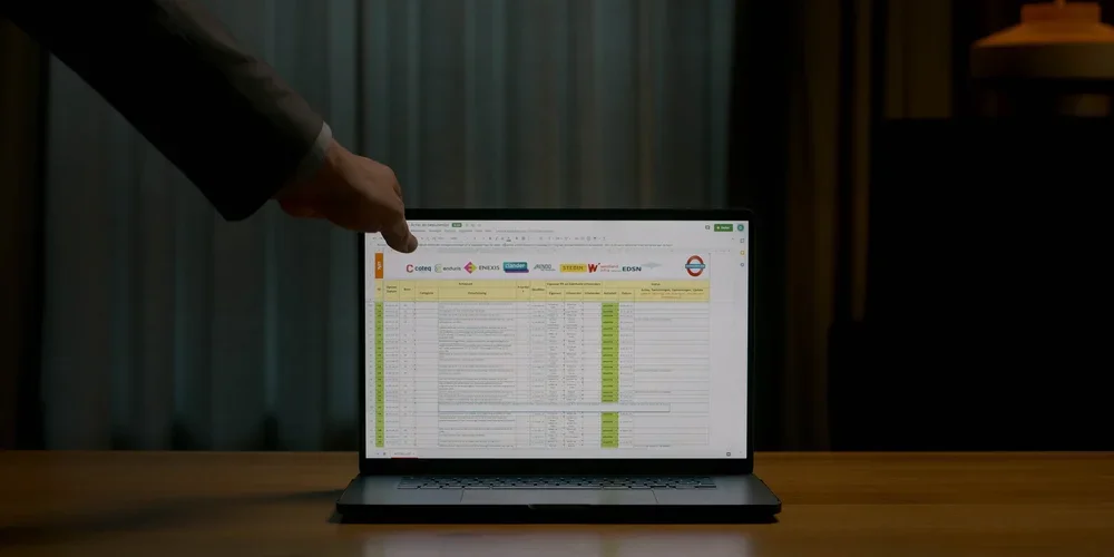 Person pointing at a laptop screen displaying a spreadsheet in a dimly lit room.