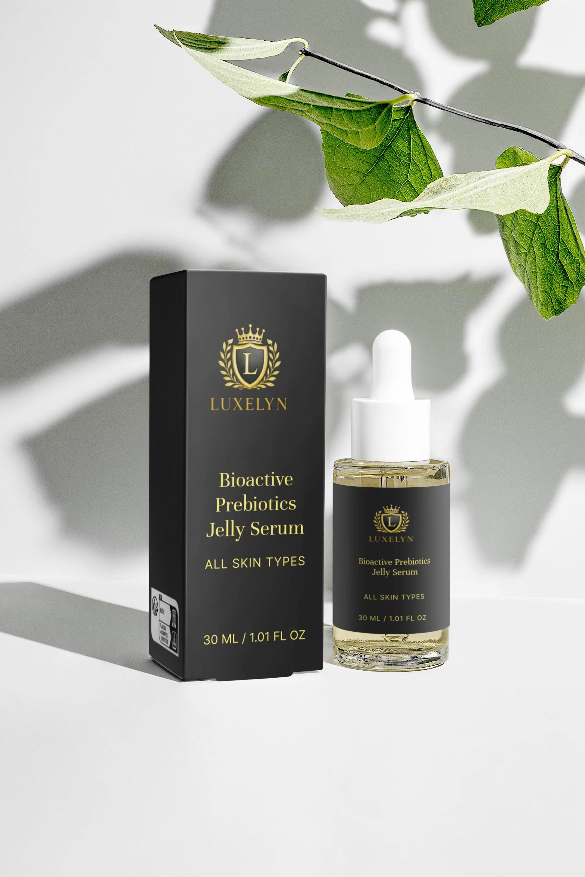 A bottle of Luxelyn Bioactive Prebiotics Jelly Serum with its black packaging box, both featuring gold and black labels, placed on a white surface with green leaves and shadows overhead.
