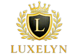 A logo with a black shield featuring a gold crown and gold laurel wreath, the letter 'L' in the center, and the text 'LUXELYN' below in rainbow-colored letters.