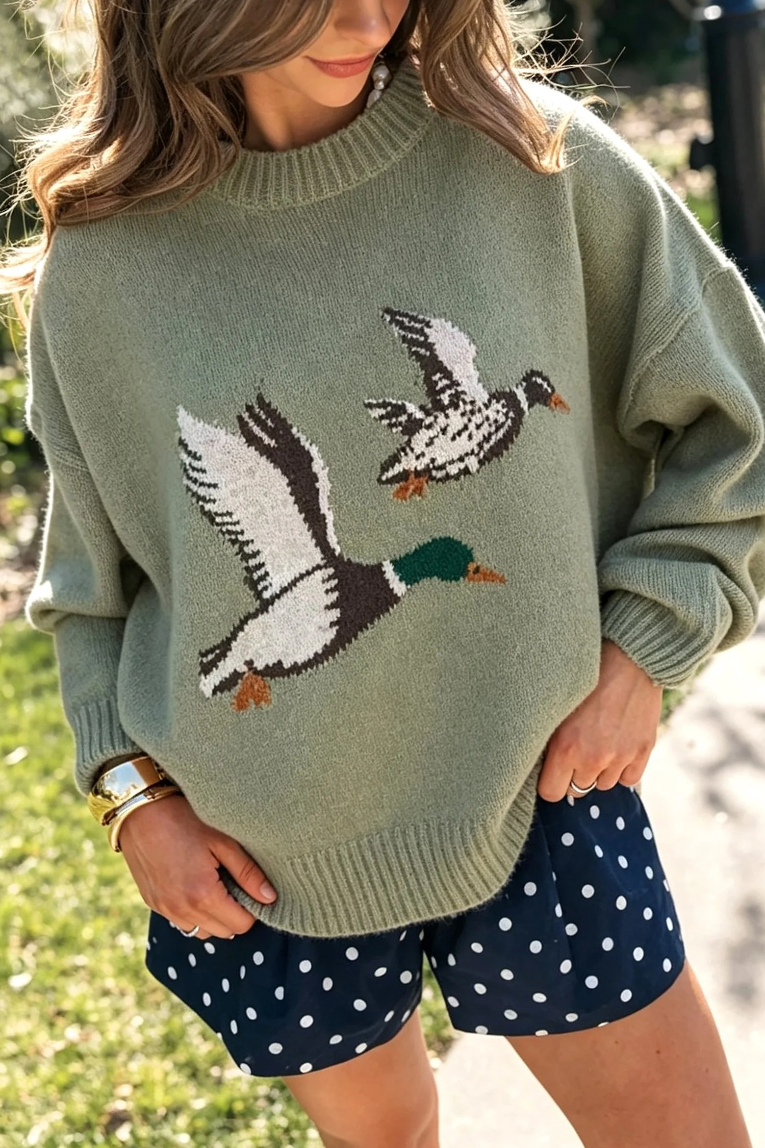 Flying Mallard Pattern Round Neck Drop Shoulder Knit Sweater
