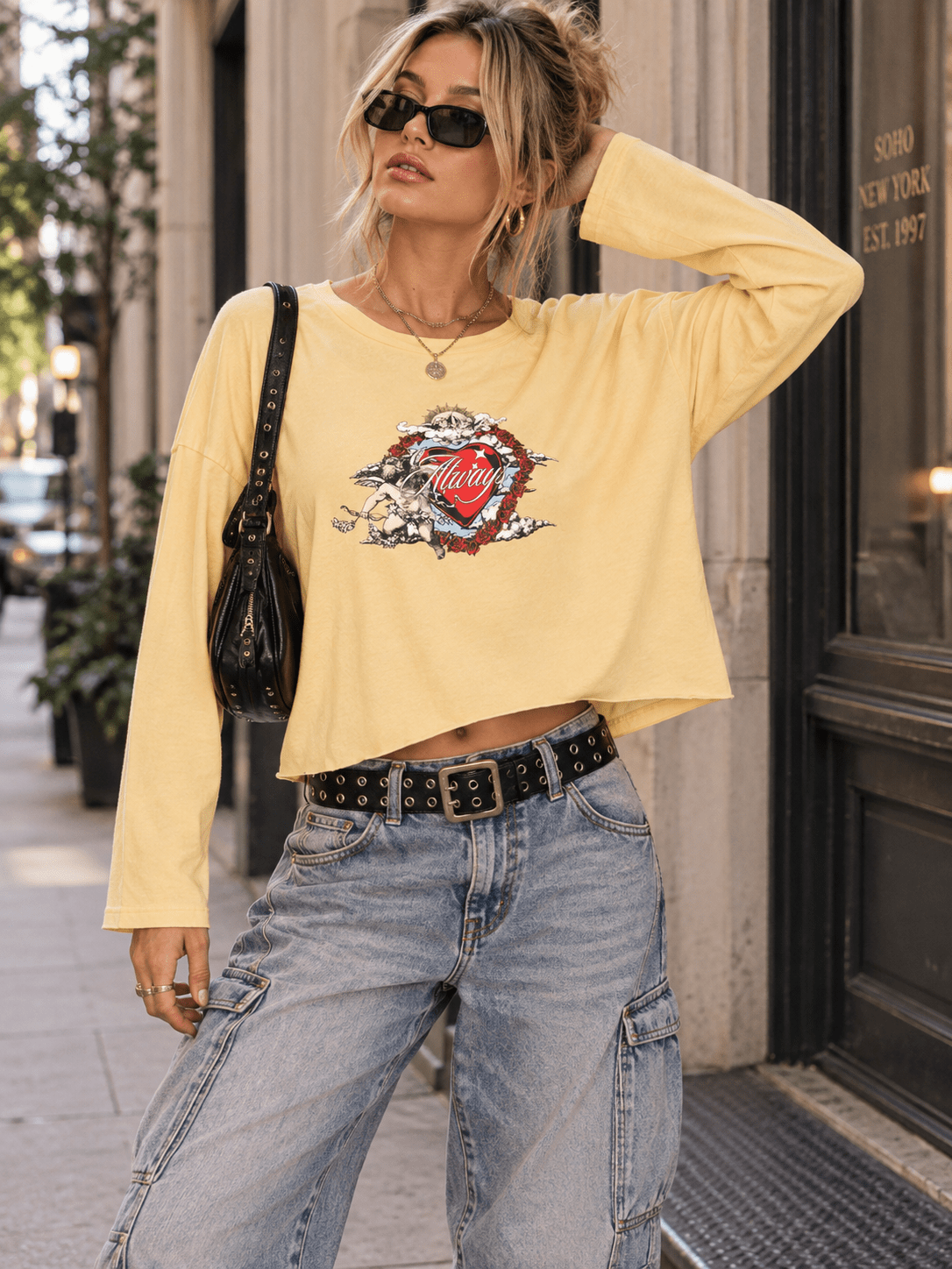 Luxelyn Always in Love Graphic Cropped Long Sleeve Tee – Butter Yellow