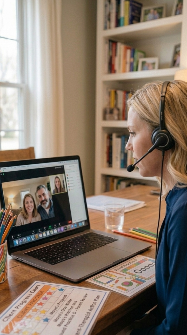 Parent consultation telehealth speech therapy guidance session Harbor Speech Co Maryland Virginia