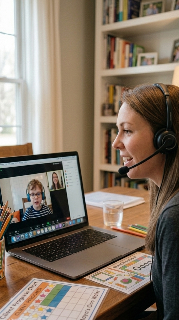 School-age child participating in telehealth speech therapy session from home with Harbor Speech Co. in Maryland