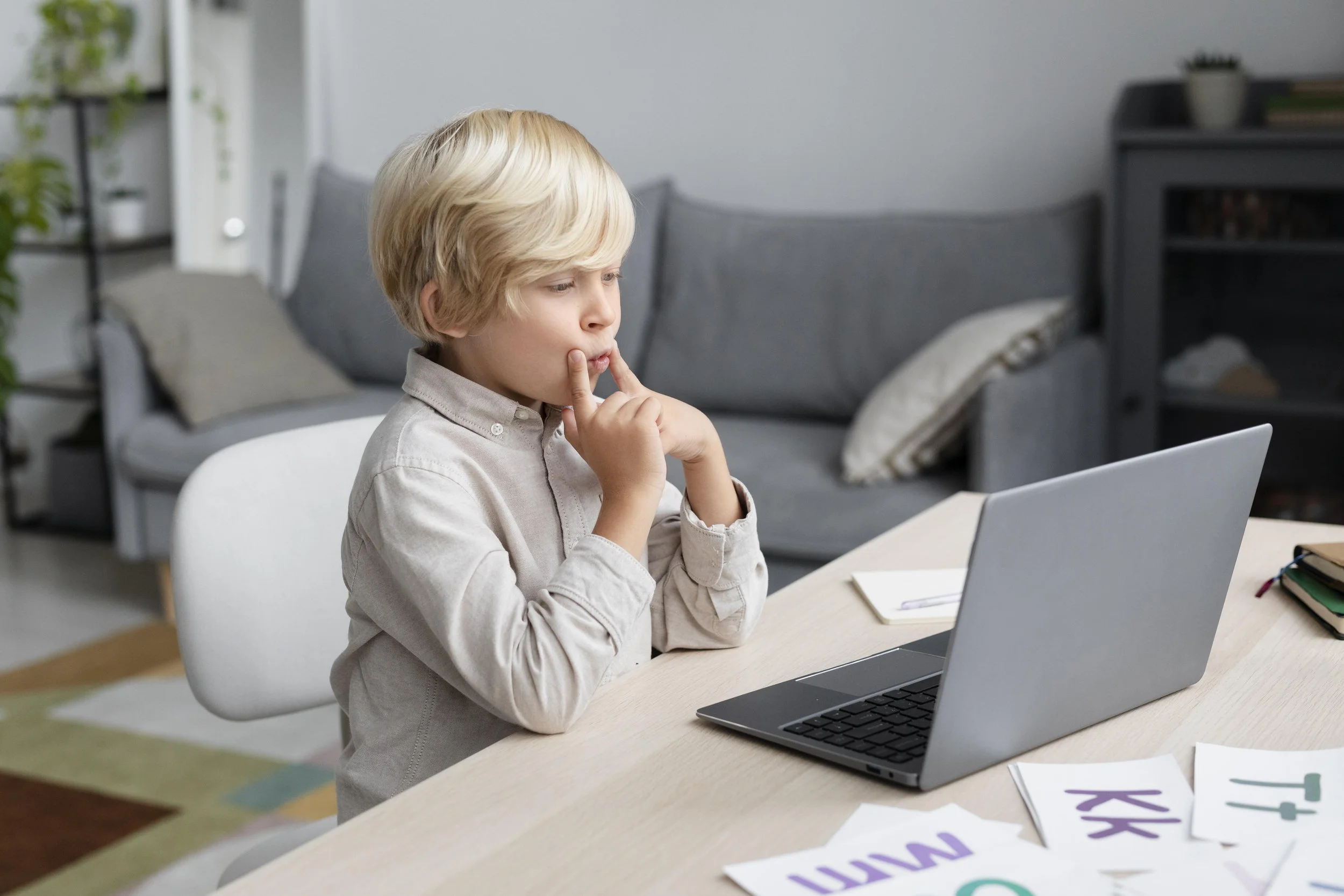 School-age child participating in telehealth speech therapy session from home with Harbor Speech Co. in Virginia