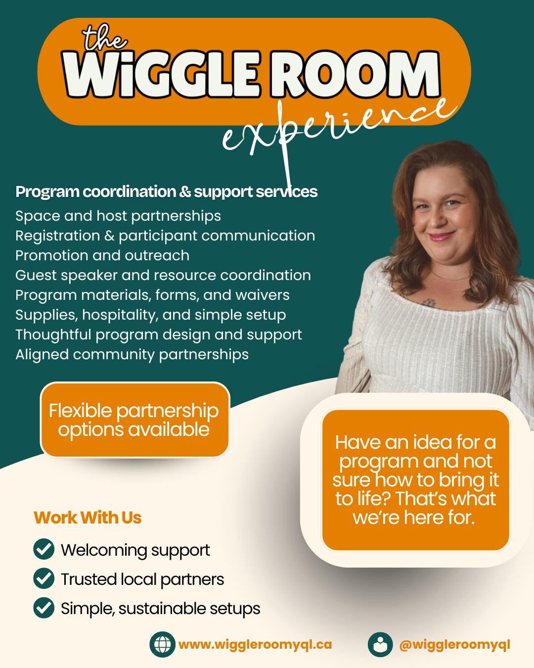 A promotional flyer for the Wiggle Room Experience, offering program coordination and support services, with a photo of a smiling woman, colorful text, and contact information.