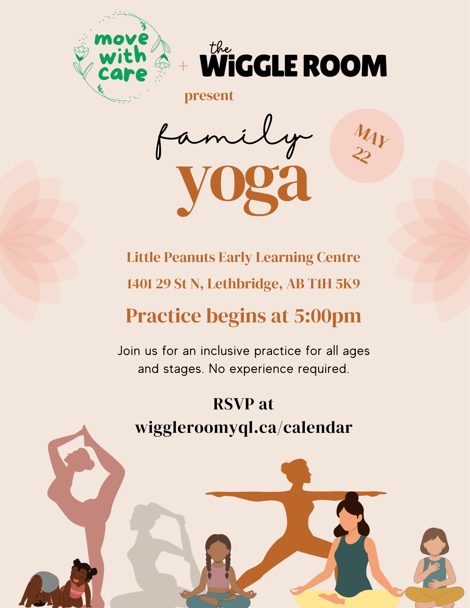 Flyer for a family yoga event at Little Peanuts Early Learning Centre on May 22 at 5:00 pm, featuring children and adults practicing yoga poses and meditating.