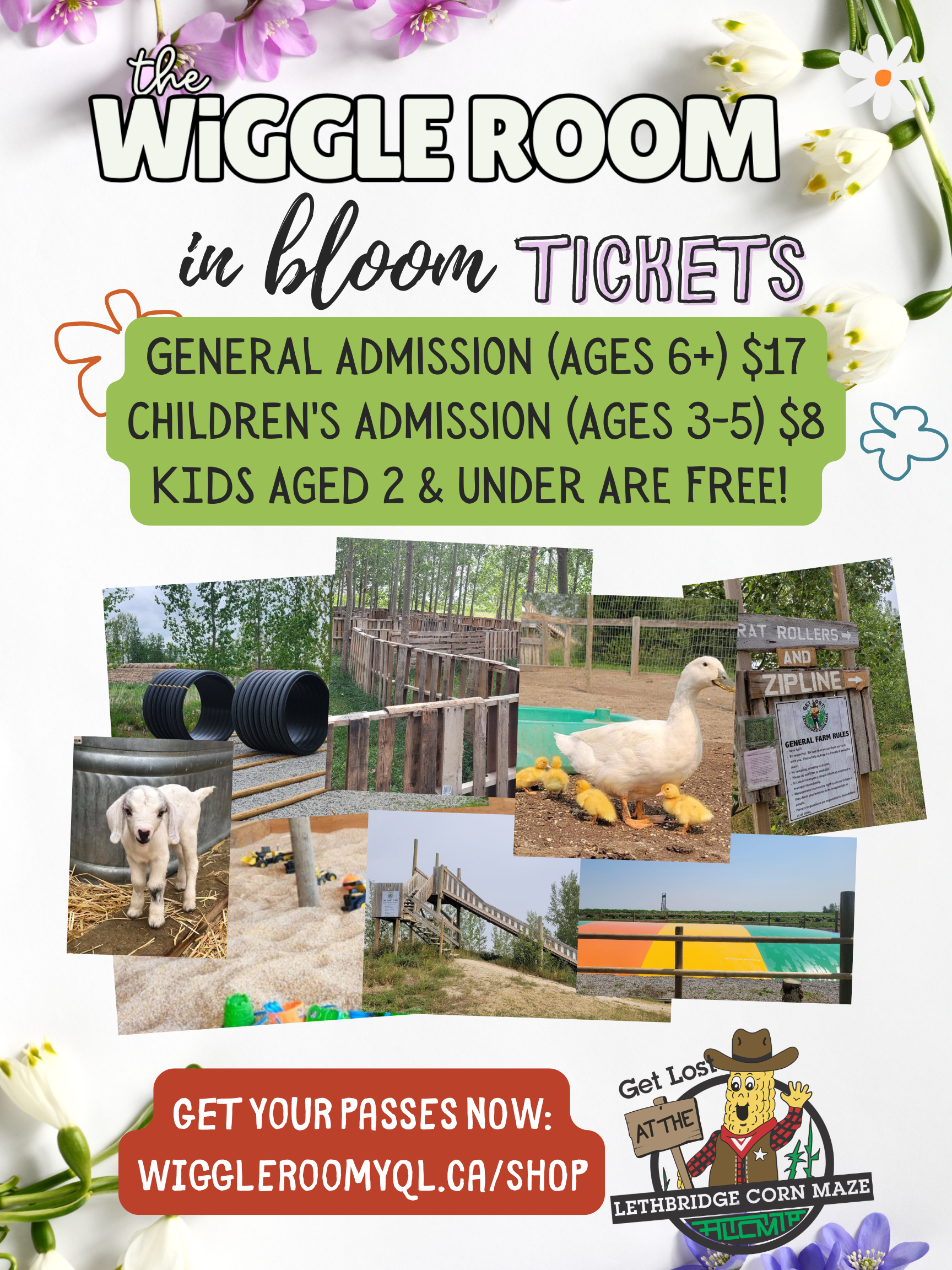 Event poster for the Wiggly Room in bloom tickets featuring photos of farm animals, corn maze, playground, and floral decorations.