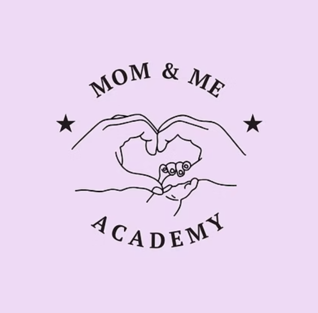 Illustration of two hands forming a heart shape, with the text "Mom & Me Academy" and two stars on a light purple background.