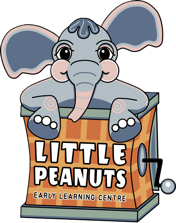 A cartoon baby elephant sitting inside a box labeled Little Peanuts Early Learning Centre.
