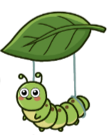 Cartoon caterpillar hanging from a leaf with a green body and large eyes