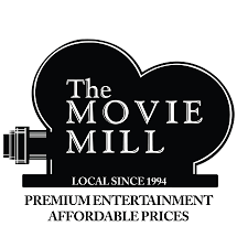 Logo for The Movie Mill, a premium entertainment cinema with affordable prices, established since 1994, featuring a film reel graphic.