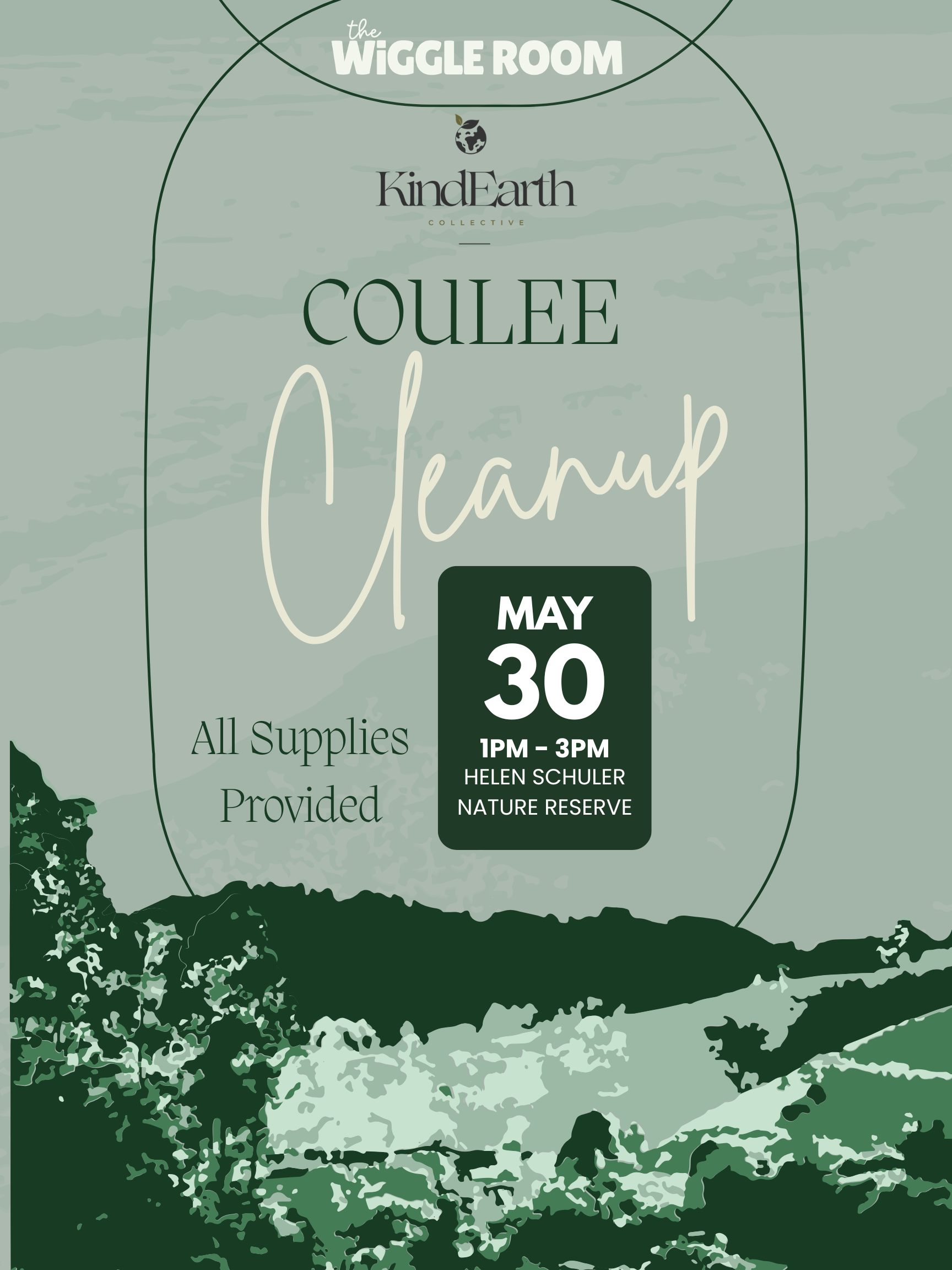 Event poster for the Wiggle Room at KindEarth Collective, featuring a nature-themed design, with event details indicating it takes place on May 30th from 1 PM to 3 PM at Helen Schuler Nature Reserve, providing all supplies.