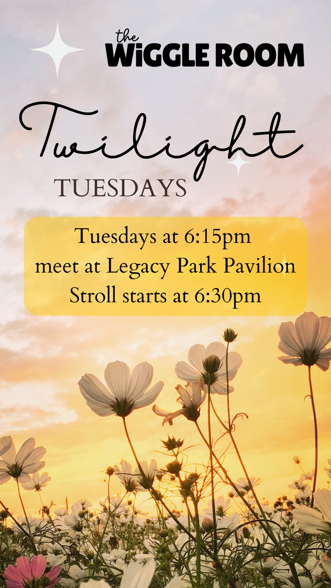 A floral poster promoting 'Twilight Tuesdays' at The Wiggle Room, with event details about meet and stroll times, set against a sunset sky with blooming flowers in the foreground.