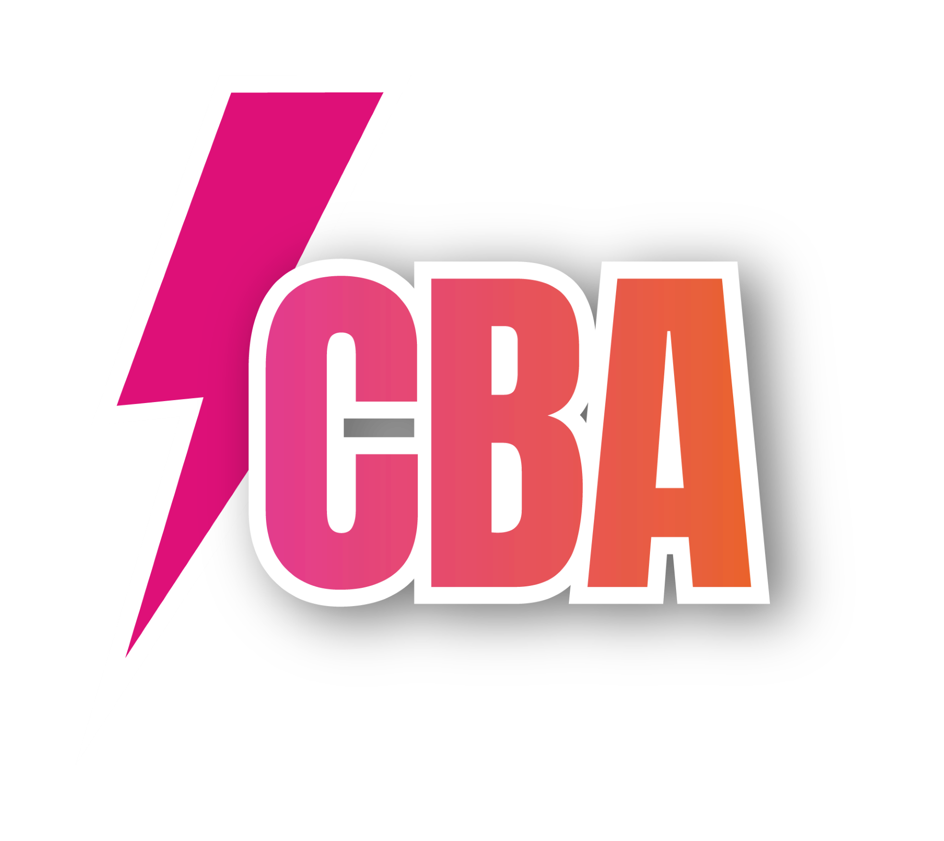 A logo with a pink lightning bolt on the left, and bold pink and orange text spelling 'CBA' on a black background.