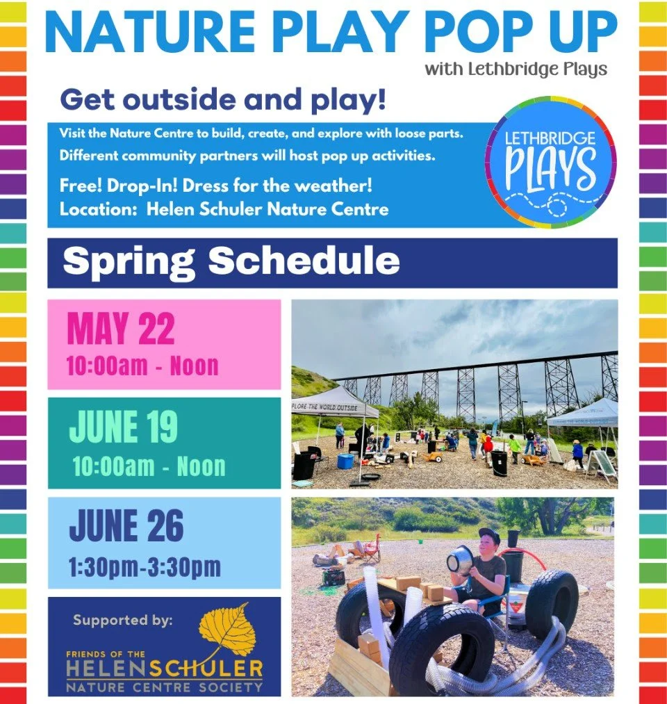 Flyer for a nature play event called 'Nature Play Pop Up' at Helen Schuler Nature Centre, featuring dates, times, and activities, with photos of outdoor play and a child on a homemade vehicle.