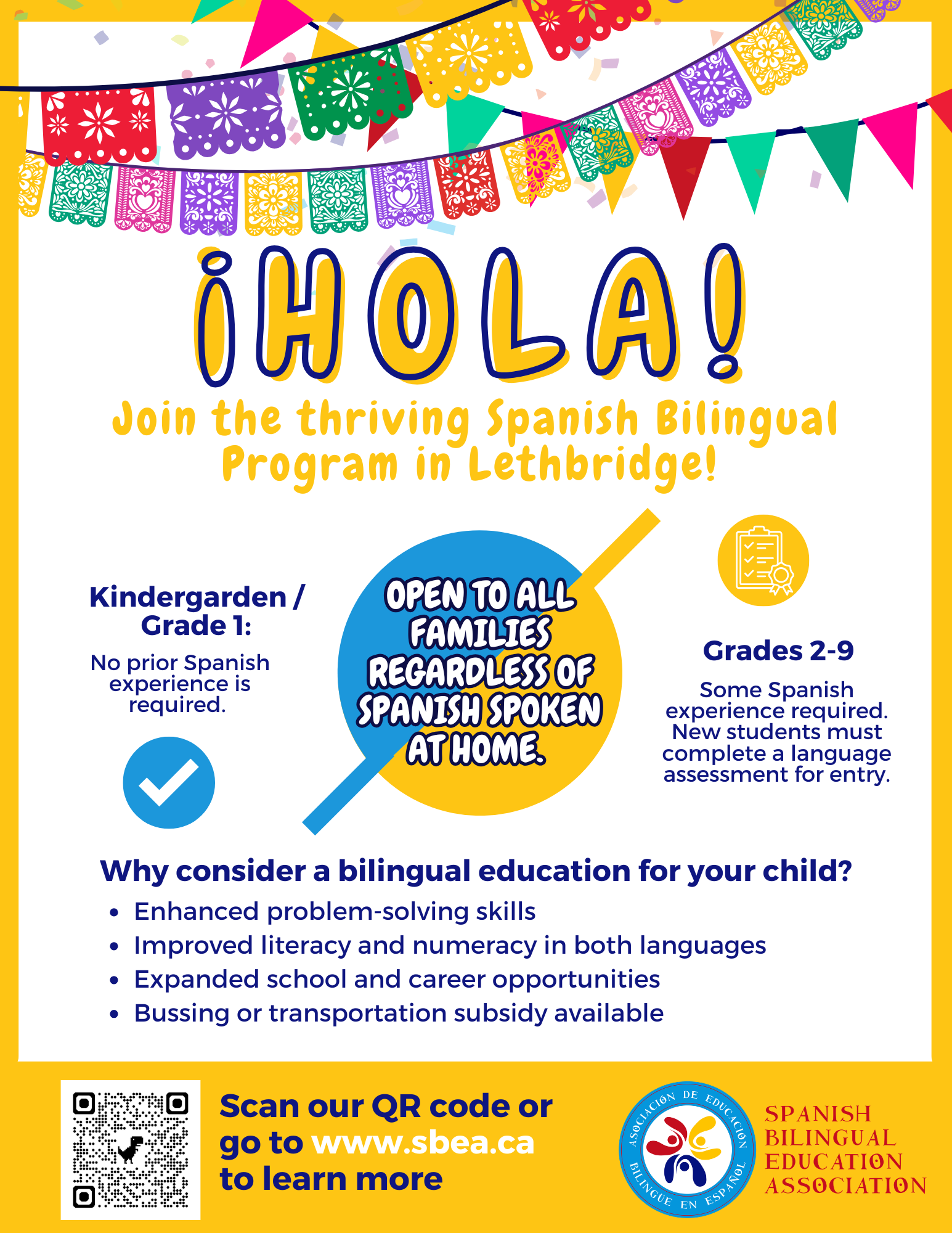 Colorful flyer advertising a bilingual program in Lethbridge with bright banners and text. Highlights include open to all families, no prior Spanish experience required, and benefits of bilingual education.