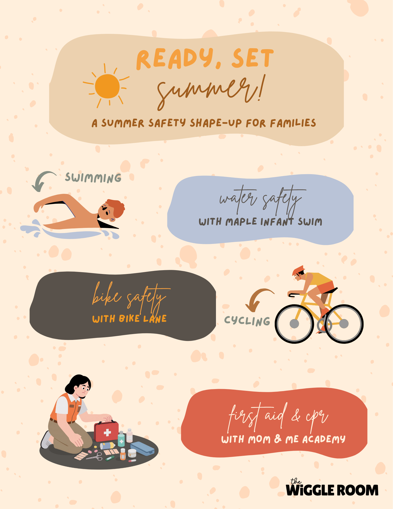 An informational poster about summer safety tips featuring illustrations of children swimming, cycling, and a person administering first aid. The poster emphasizes water safety, bike safety, and first aid preparedness.
