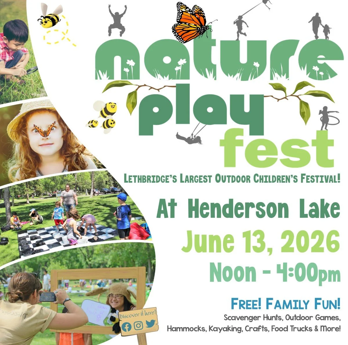 Flyer for the Nature Play Fest at Henderson Lake, June 13, 2026, from noon to 4:00 pm, featuring children playing outdoor games, a girl with a butterfly on her nose, people on a checkerboard game, and various nature-themed illustrations.