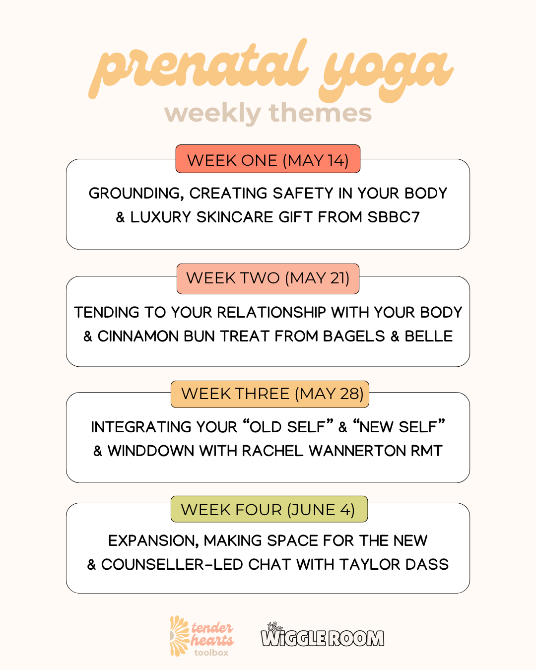 Weekly themes schedule for prenatal yoga classes, including topics like grounding, building safety, body relationship, and self-integration, organized by weeks in May and June.