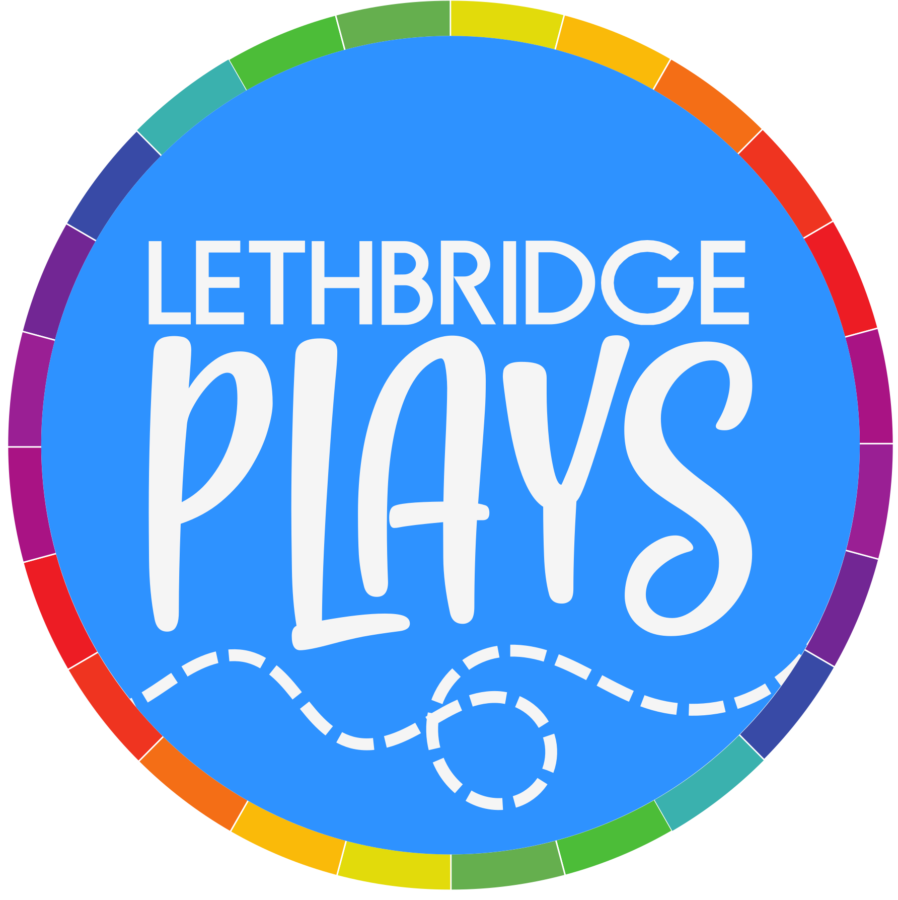 Colorful circular logo with the text 'Lethbridge plays' in white letters on a blue background, surrounded by a rainbow-colored border.
