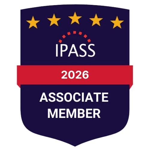 A badge with a dark blue background, five yellow stars at the top, the word "IPASS" in the center, a red banner with the year "2026," and the words "Associate Member" at the bottom.
