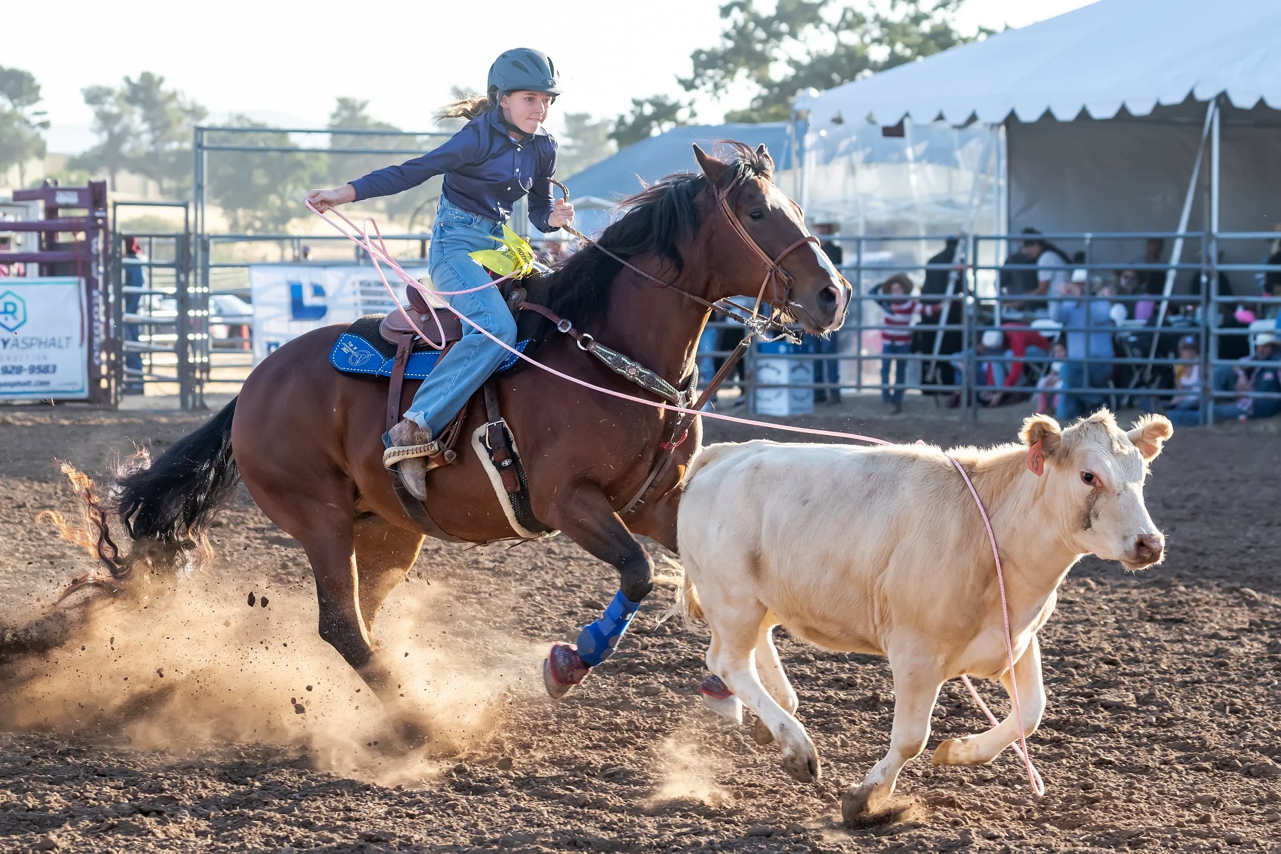 A girl riding a bucking horse during a rodeo event, with a calf running nearby on a dirt arena and spectators watching behind a fence.