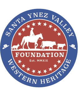 Logo of Santa Ynez Valley Foundation featuring a red and blue circular emblem with a horse, cattle, and cowboys, and text 'Santa Ynez Valley Foundation Western Heritage Est. MMIX'.