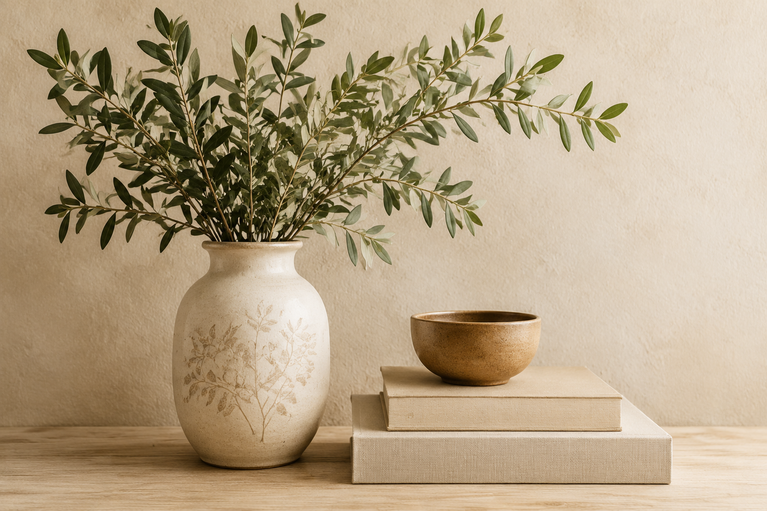 Soft neutral still life with leafy branches in a ceramic vase, books, and a small bowl.