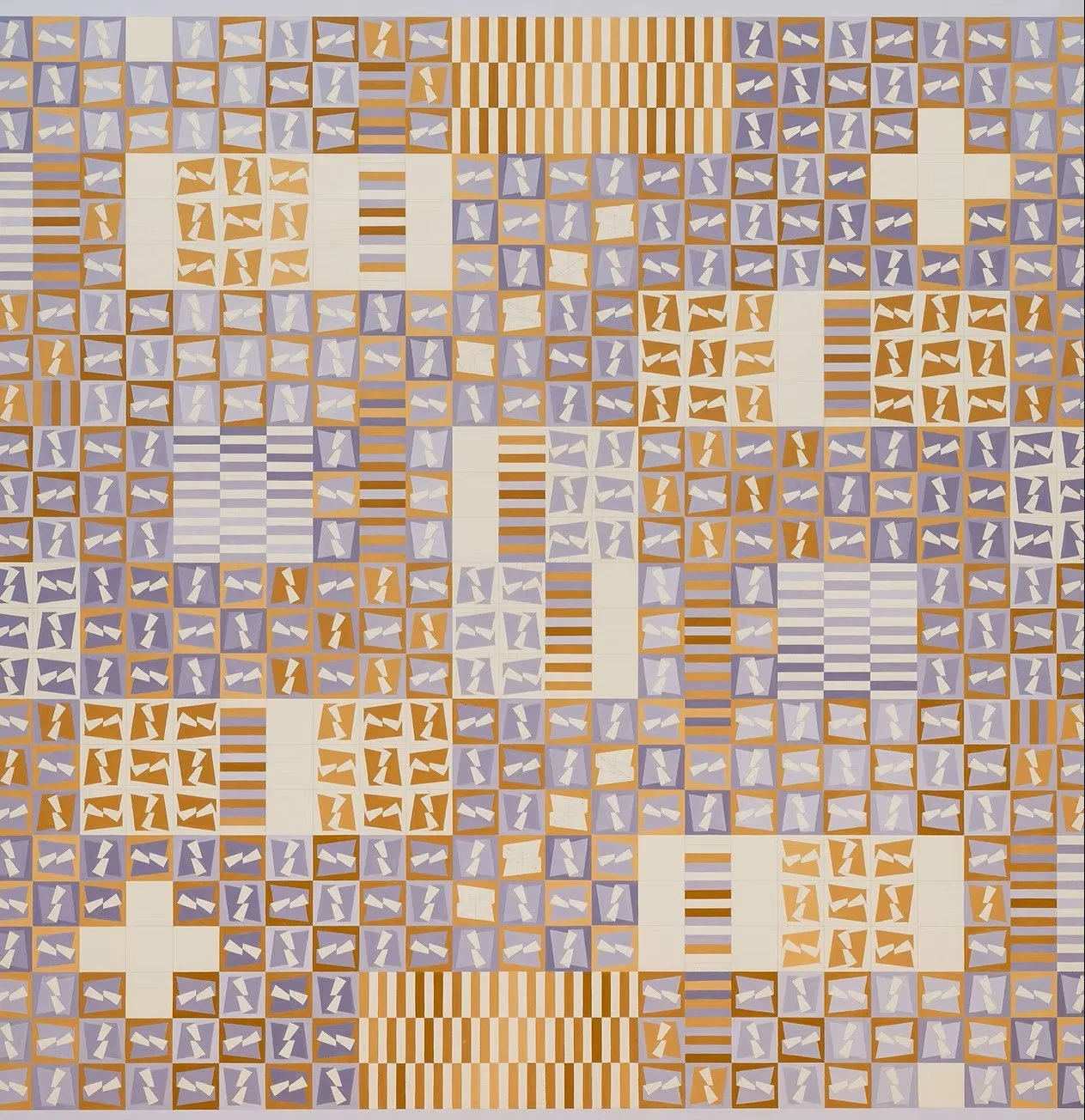 A mosaic pattern composed of square tiles with geometric designs in purple, orange, and white, arranged in a repeating pattern with some areas featuring striped designs.