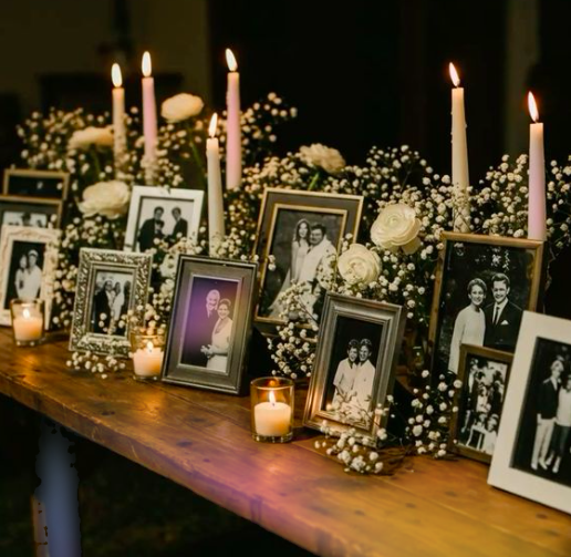 Memorial display with framed photos, white candles, and flowers on a wooden table.