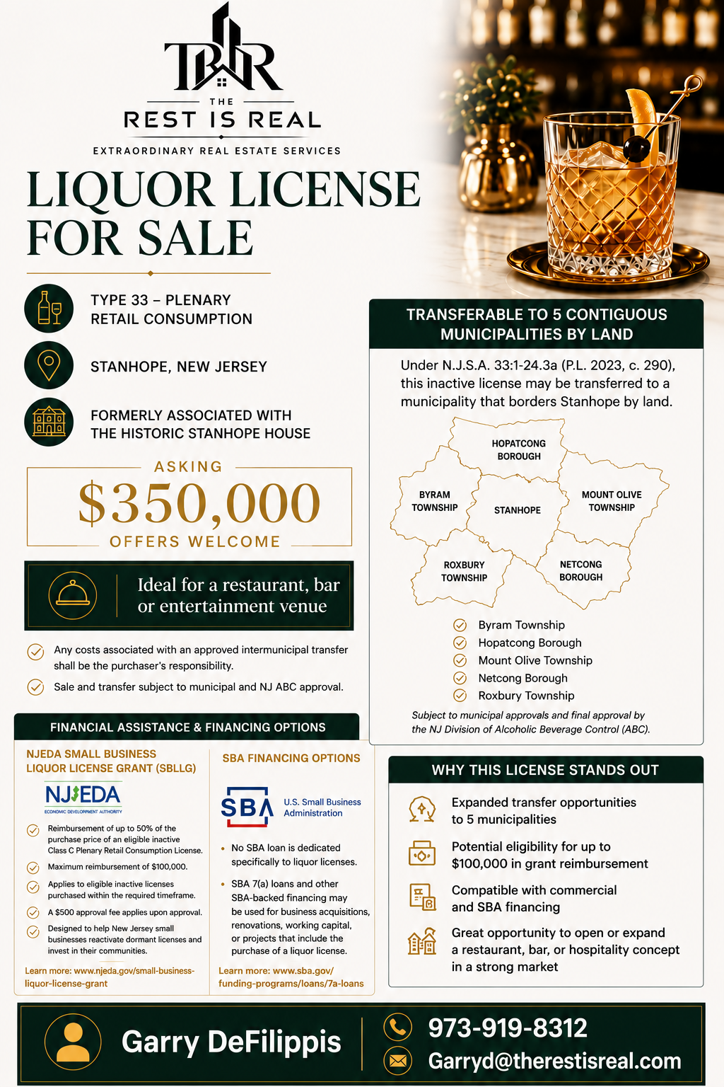 A flyer advertising the sale of a liquor license for a historic building in Stanhope, New Jersey, with a cocktail glass and bar setting, and details about the license, location, price, financing options, and benefits.