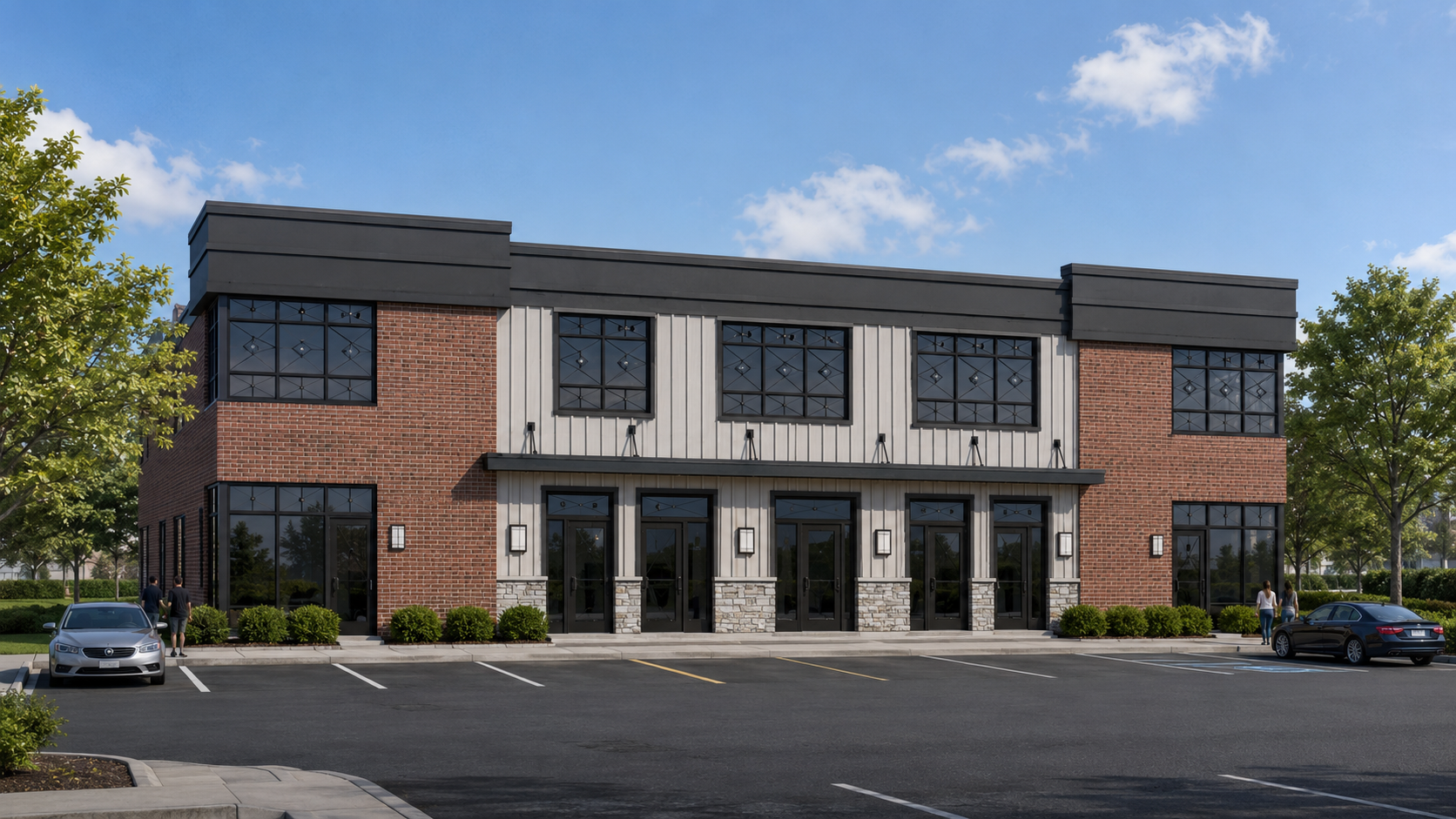Commercial building with brick and metal siding, large windows, and a parking lot with some cars and people outside on a sunny day.