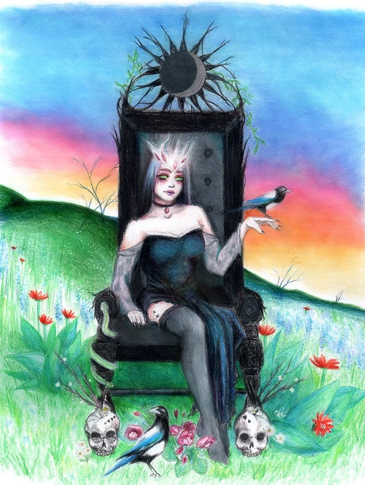 A dark-haired woman with pale skin and mystical features sits on a black throne in a colorful, surreal landscape. She wears a black strapless dress, and her hair has glowing pink tips with moon-shaped ornaments. Two birds sit on her hand, and skulls 
