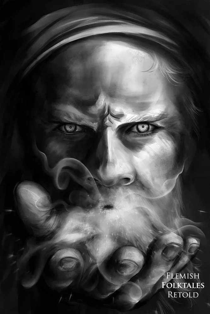 A black and white digital artwork of an intense older man with piercing eyes, holding his hand close to his face with misty smoke blowing forward, creating a mysterious and dramatic atmosphere -  painting by Cate Zeederberg on Old Moon Hollow.