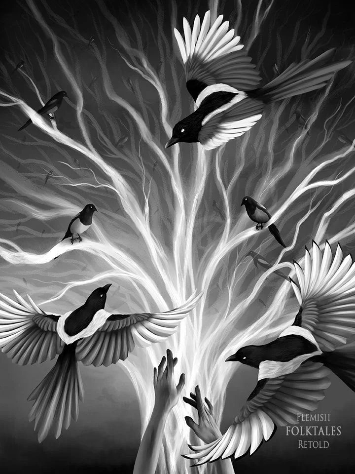 Black and white illustration of a tree with glowing branches and several magpie birds, some perched and others flying, with witchy hands reaching up from the bottom - by Cate Zeederberg on Old Moon Hollow.
