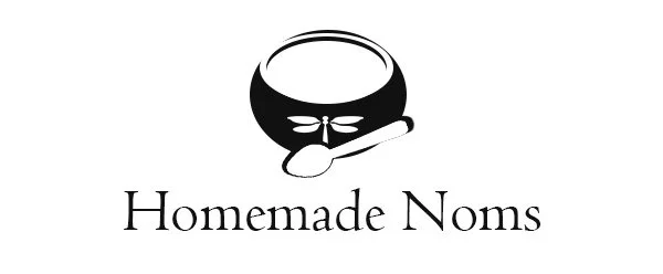 Logo of Homemade Noms, featuring a black bowl with a spoon, with the text 'Homemade Nom' underneath.