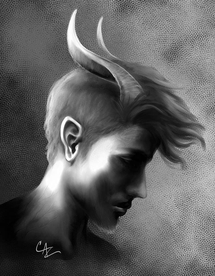 Black and white digital artwork of a human profile with horns and long hair, with a textured background - by Cate Zeederberg on Old Moon Hollow.