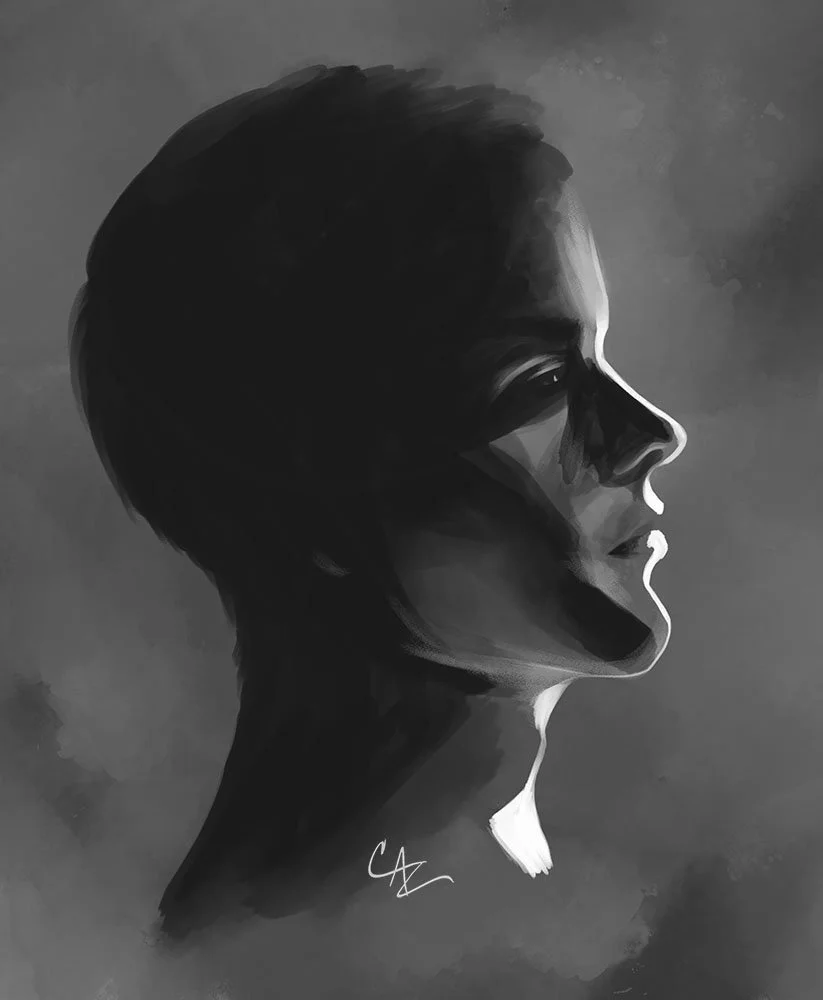 A grayscale digital painting of a woman's profile facing right with short hair and closed eyes -  by Cate Zeederberg on Old Moon Hollow.