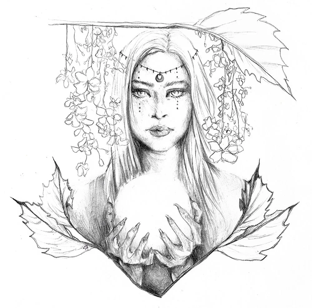 A detailed pencil sketch of a woman with long hair, adorned with jewelry and face markings, holding a glowing orb and surrounded by large leaves and flowering vines.