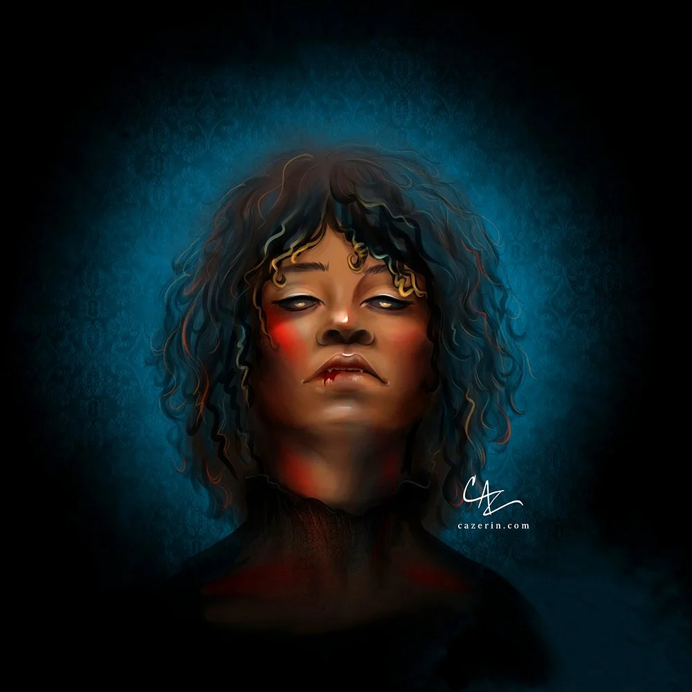 Digital art portrait of a woman with dark curly hair, wearing dark clothing, against a blue textured background.