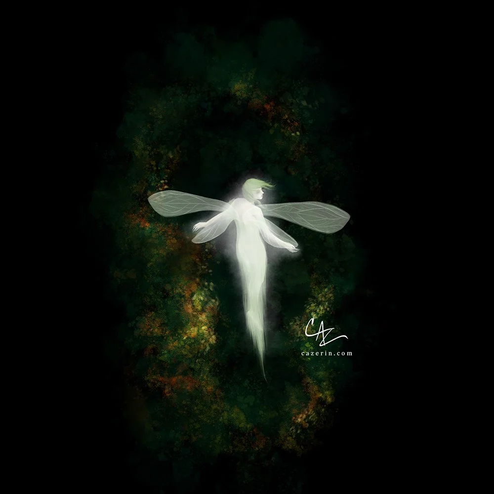 Digital artwork of a glowing fairy with translucent wings floating in a dark abstract background with green, yellow, and orange highlights.
