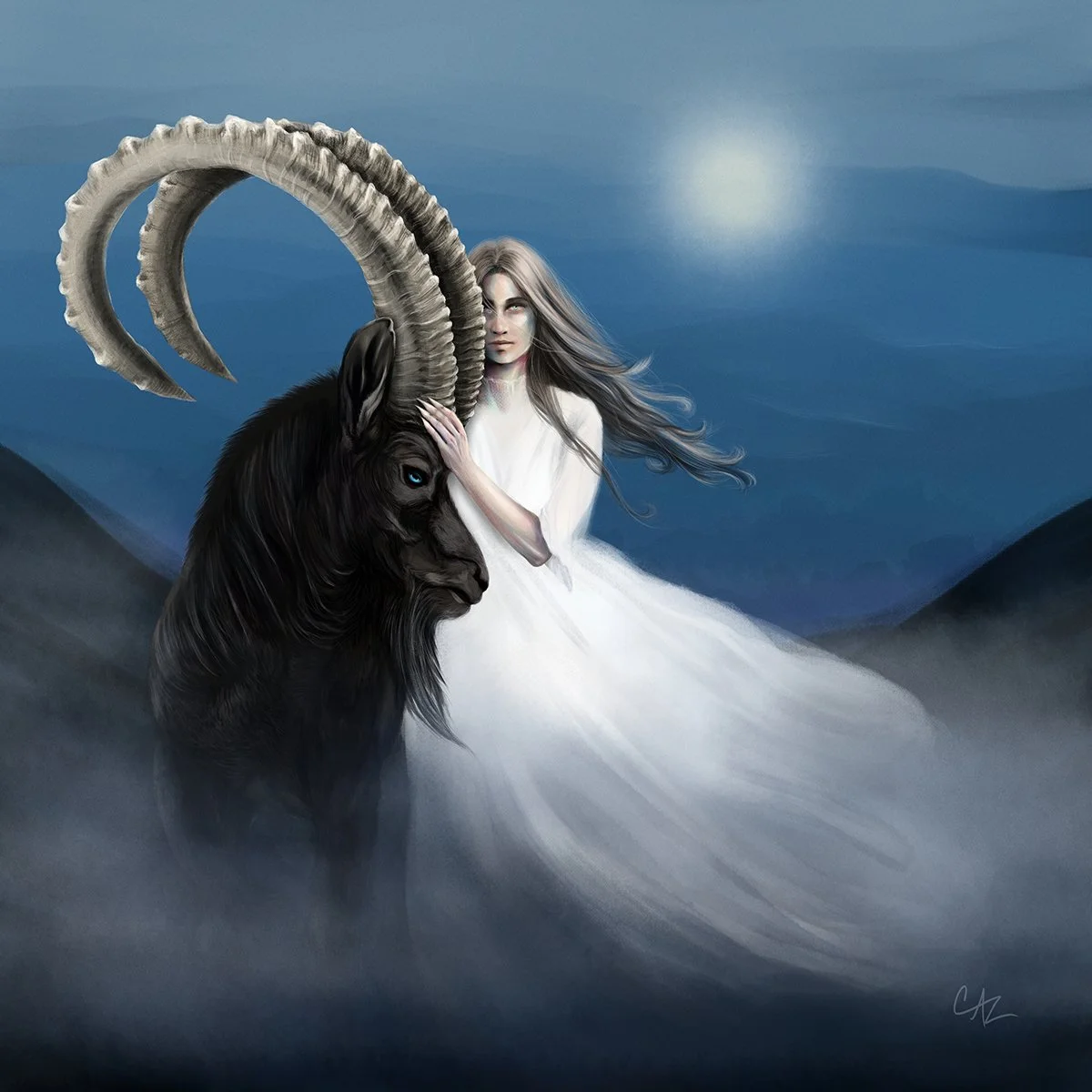 A fantasy scene with a woman in a white dress clutching a black goat with large curved horns, in a foggy mountain landscape under a cloudy moonlit sky - painting by Cate Zeederberg on Old Moon Hollow.