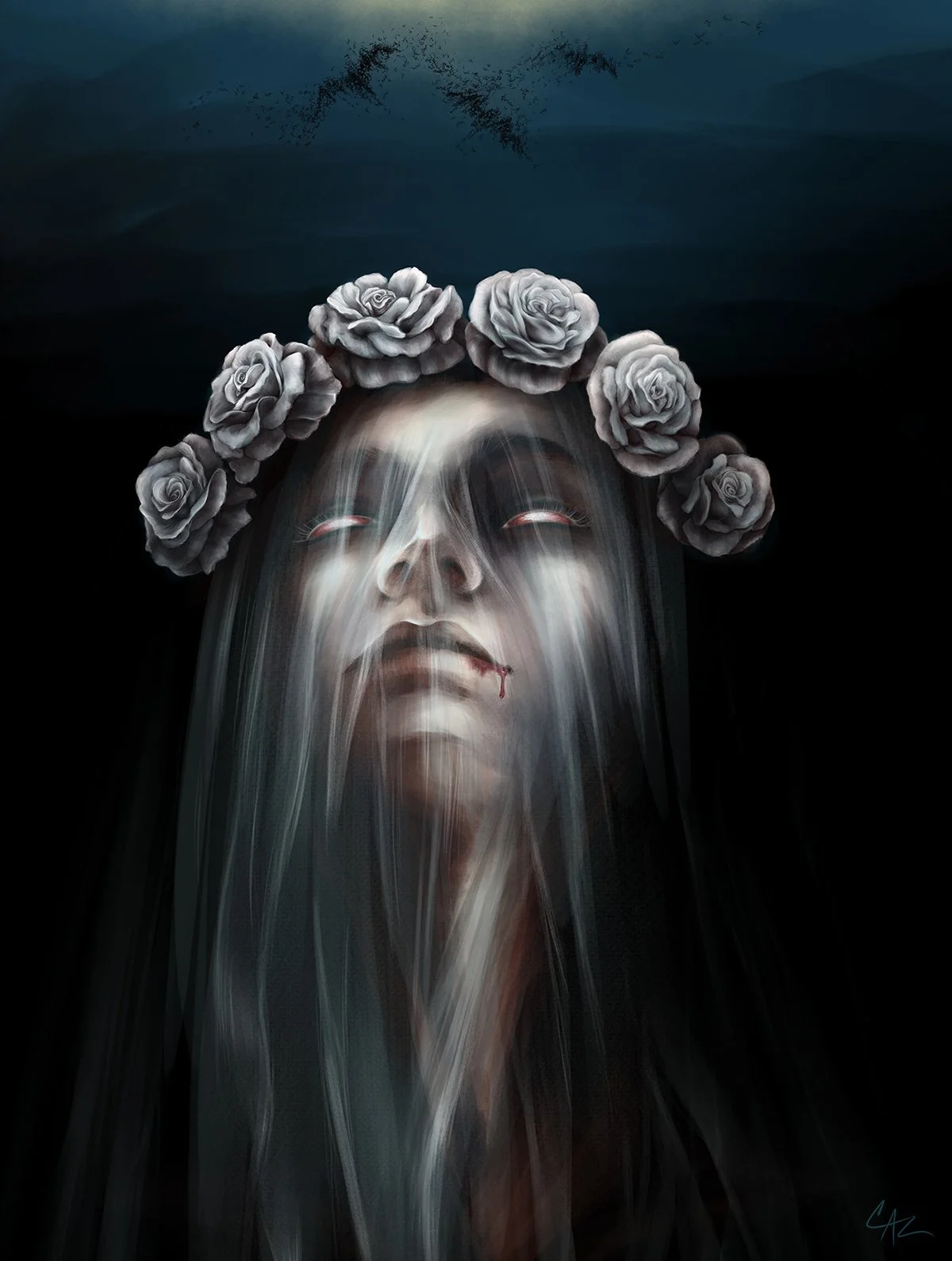 A surreal artwork of a pale veiled woman with closed eyes and blood on the lips, draped with flowing dark hair. The face is adorned with a crown of roses and appears to be emerging from darkness -  by Cate Zeederberg on Old Moon Hollow.
