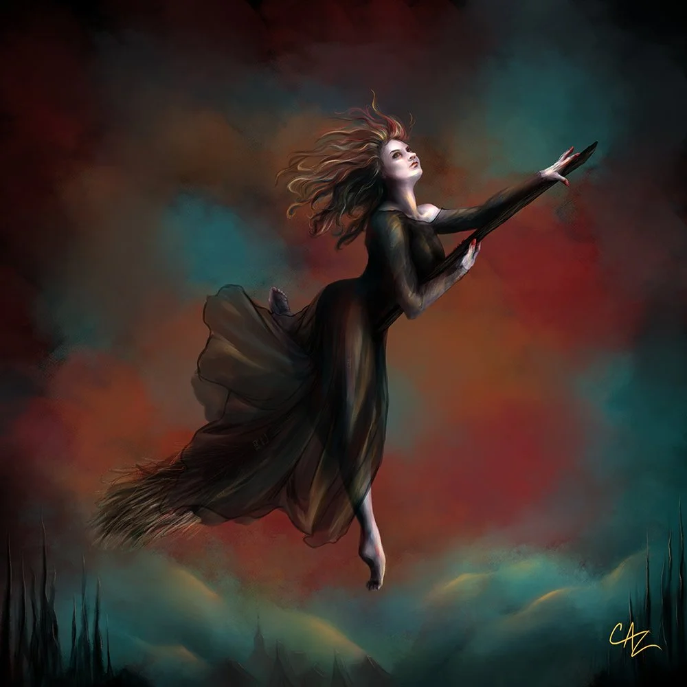 A fantasy illustration of a witchy woman with flowing hair, wearing a black dress, flying through a colorful sky at dusk on a broom.