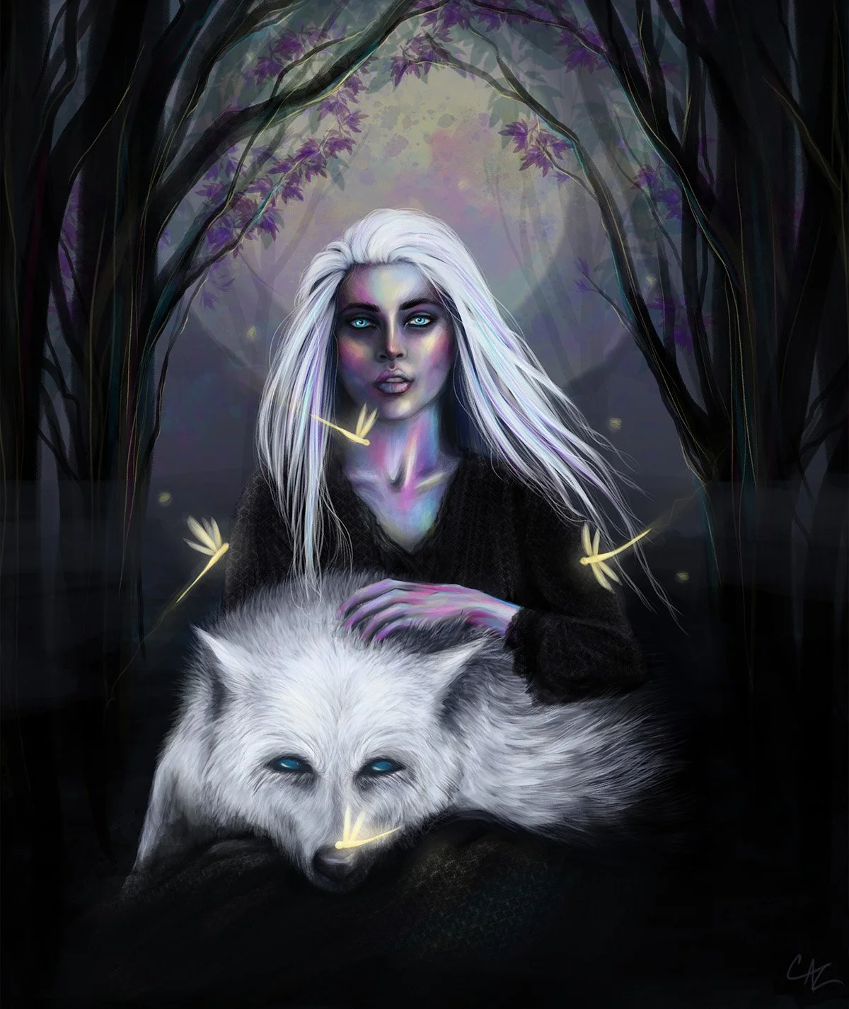 A fantasy scene featuring a woman with long white hair and glowing blue eyes, sitting beside a white wolf with blue eyes in a dark, mystical forest with glowing yellow fireflies.