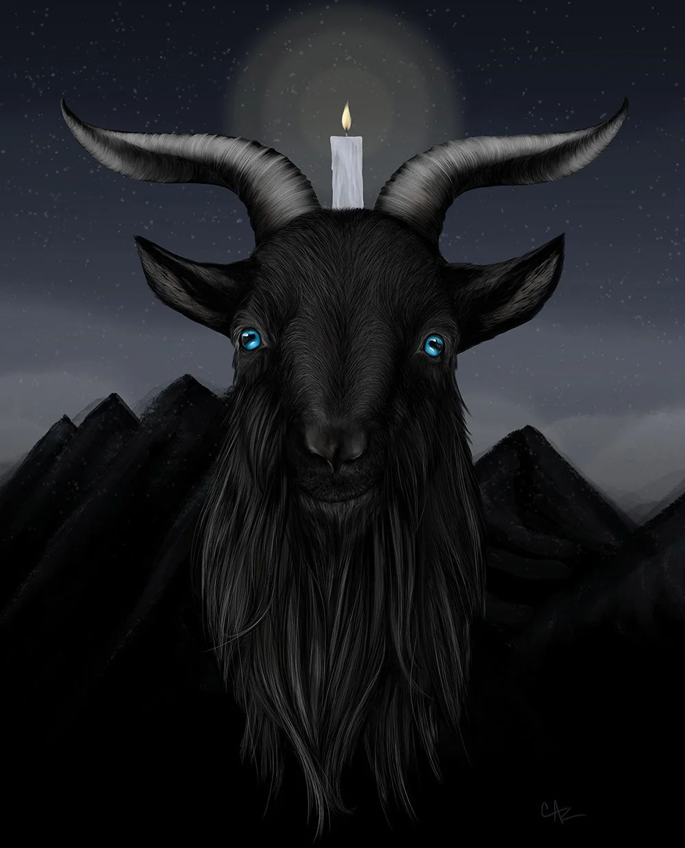 A dark artistic depiction of a goat with blue eyes, large curved horns, and long black hair, with a lit candle at the top of its head resembling a moon, against a starry night sky and mountain background.