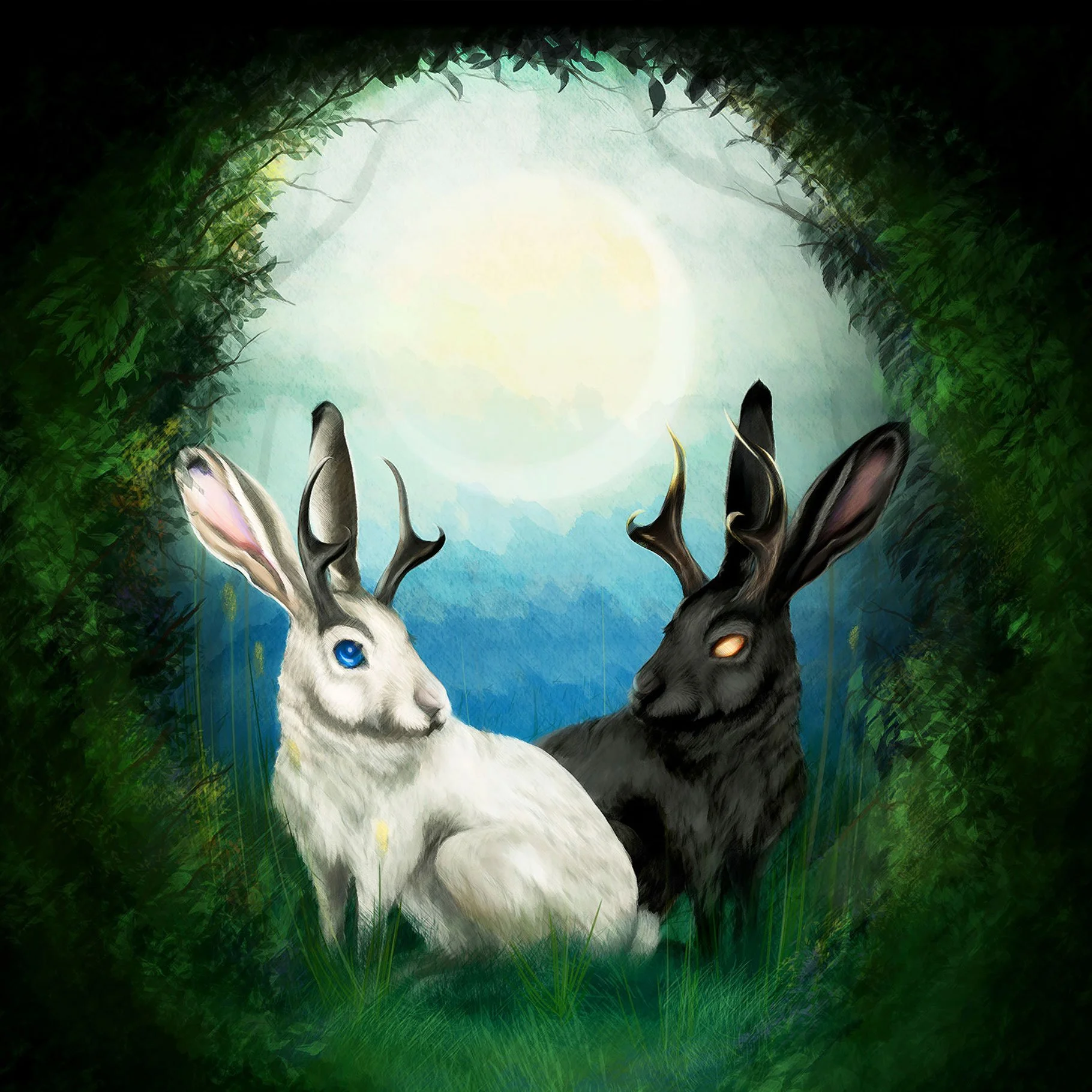 Sun and Moon Spring Equinox Painting featuring Mythical Jackalopes by Cate Zeederberg