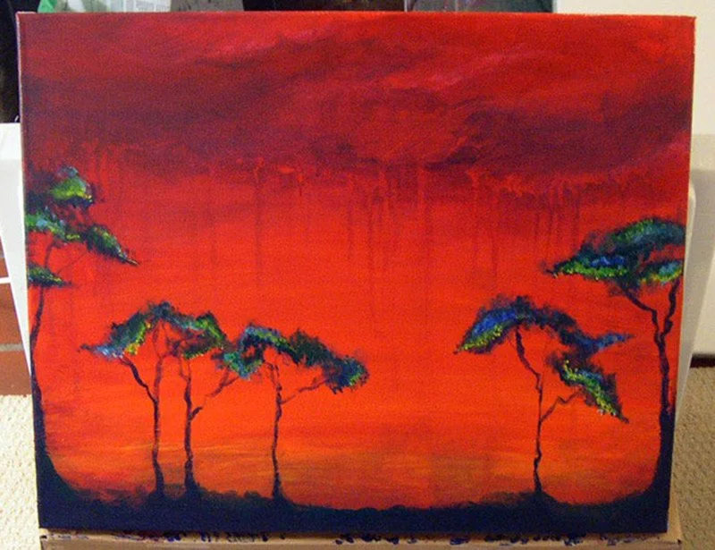 An acrylic landscape painting of trees with green and blue leaves against an orange-red sunset or sunrise background.